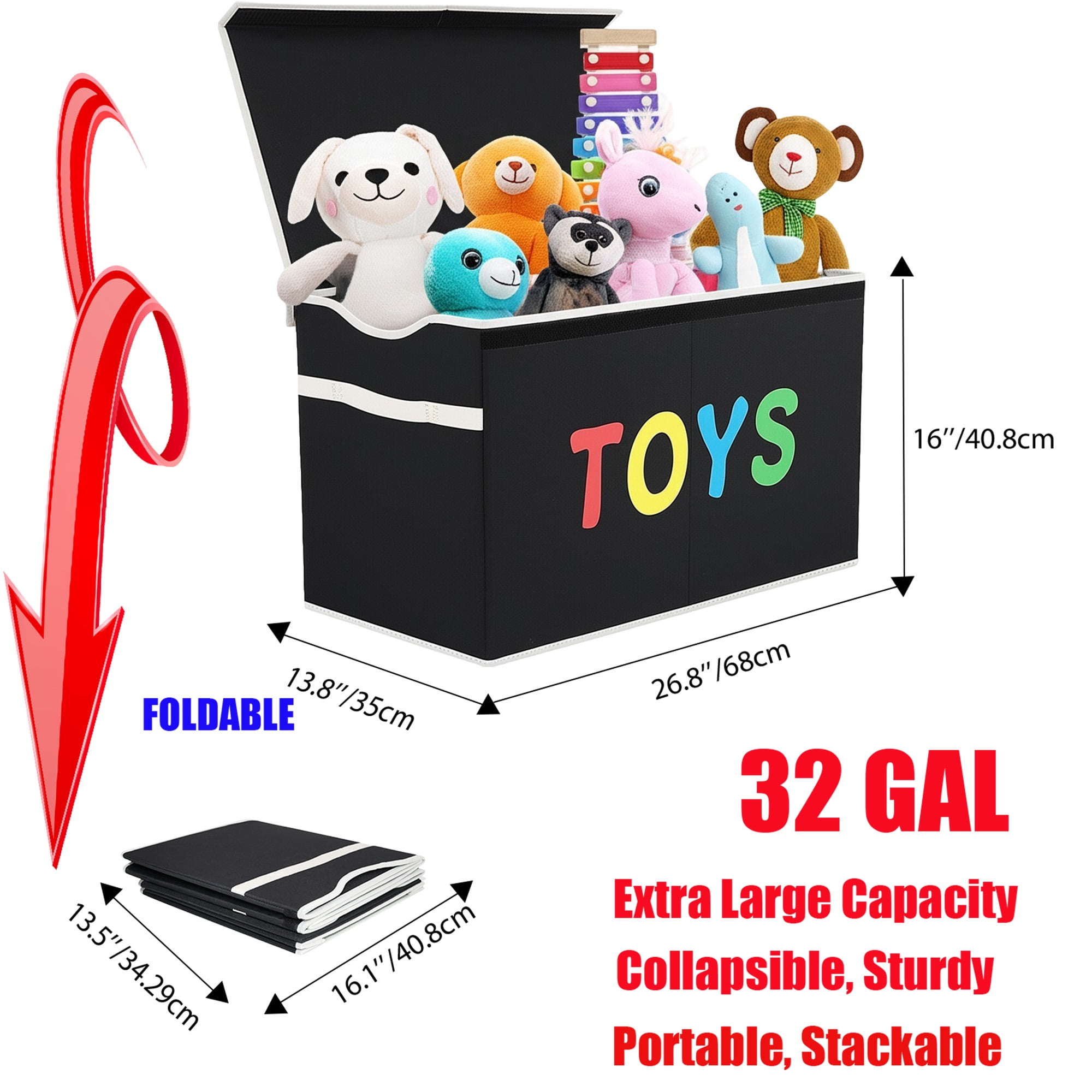 VICTORICH Extra Large Children's Collapsible Toy Storage Fabric 32 gal Kids Room Toy Chests with Lid, Black