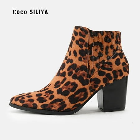 

HHH Leopard Print Short Boots for Women 2024 Autumn and Winter High Heel Fashion Martin Boots Short Tube Chunky Heel Side Zip Ankle Boots