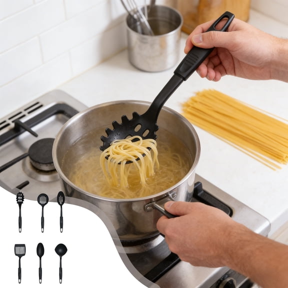 Emdiqzs Kitchen Utensil Set, Nylon Cooking Tools, Kitchen Gadgets for Pasta & Food Prep, Black
