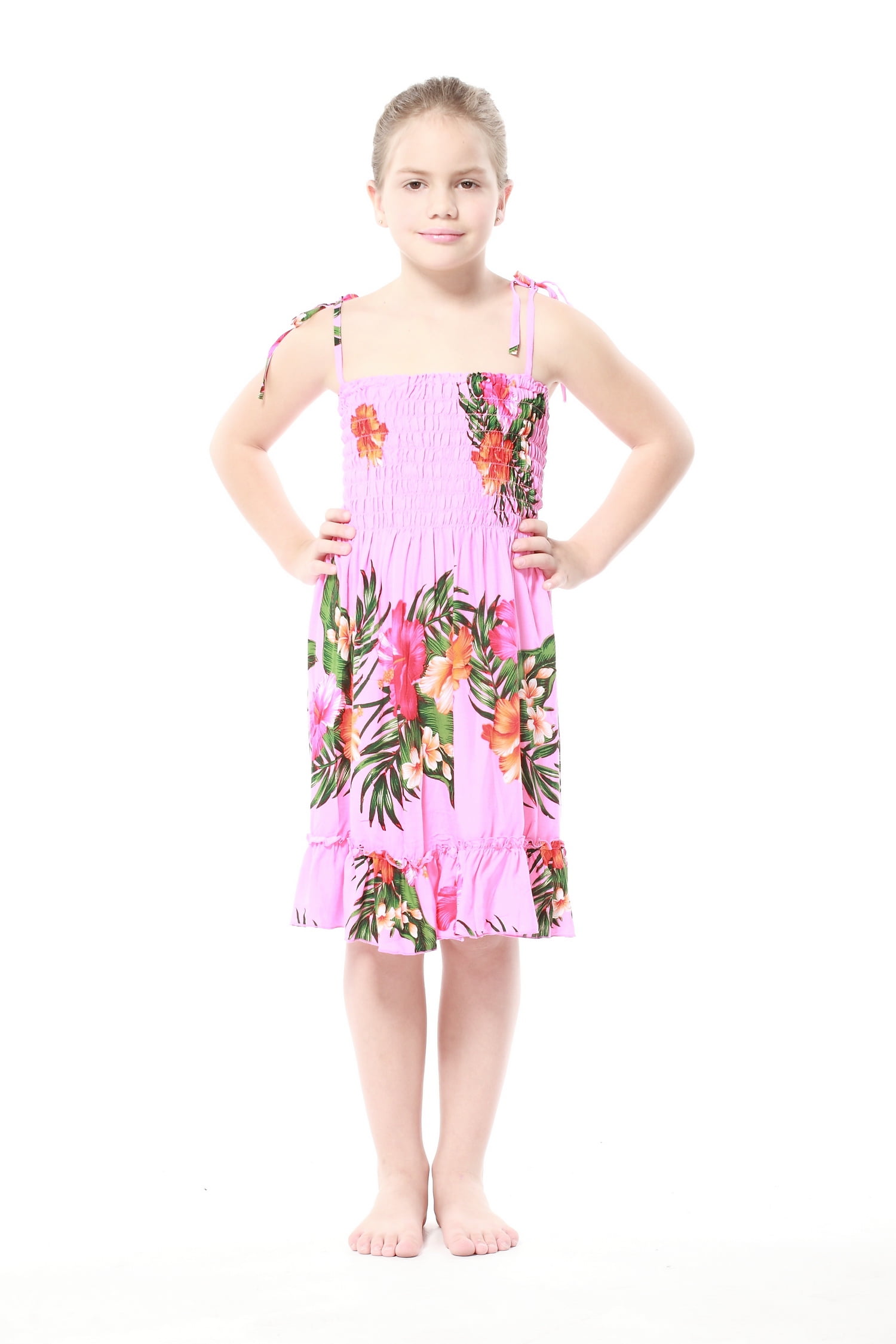 Girl Elastic Ruffle Hawaiian Luau Dress in Pink Floral 8 - Walmart.com