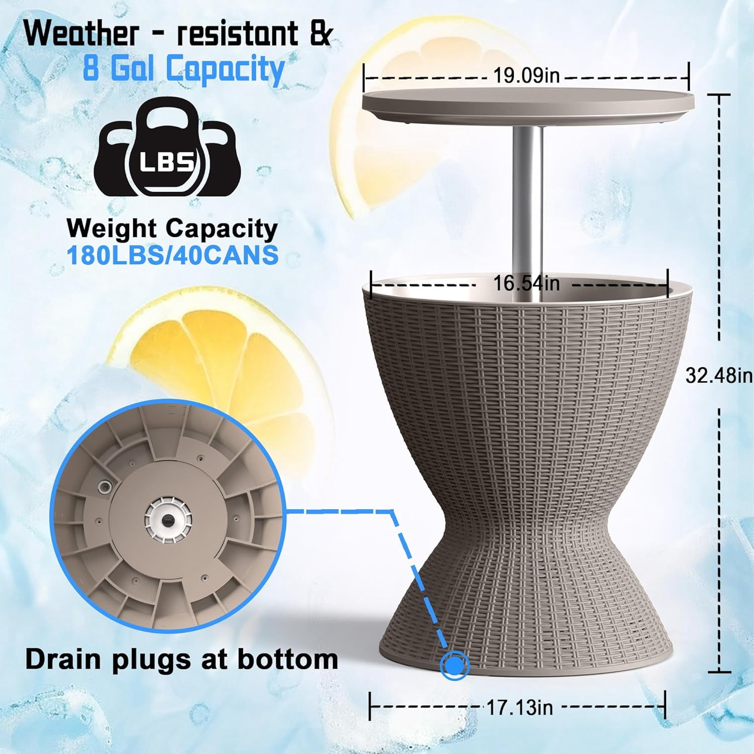 3-in-1 Resin Ice Bucket & Cooler – Wood-Look Patio Table with UV Protection & Drain Plug, Light Coffee, 19x19x22.6in