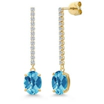 Gem Stone King 14K Yellow Gold Swiss Blue Topaz and Lab Grown Diamond Dangle Earrings for Women | 4.86 Cttw | Gemstone November Birthstone | Oval Checkerboard 9X7MM