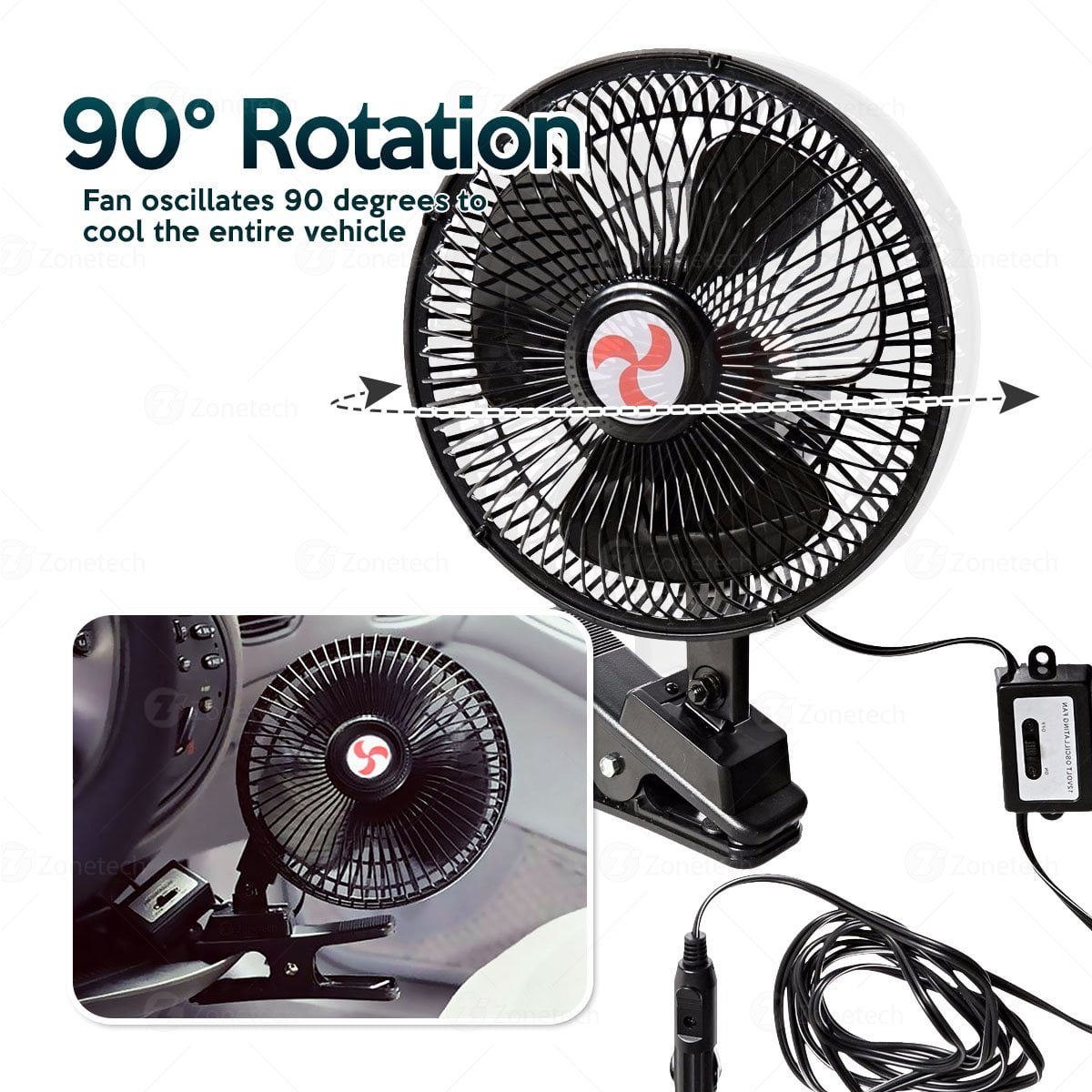 Includes clamp and Screws for Easy Attachment to Either The Console or Dash Zone Tech 12V Oscillating Fan