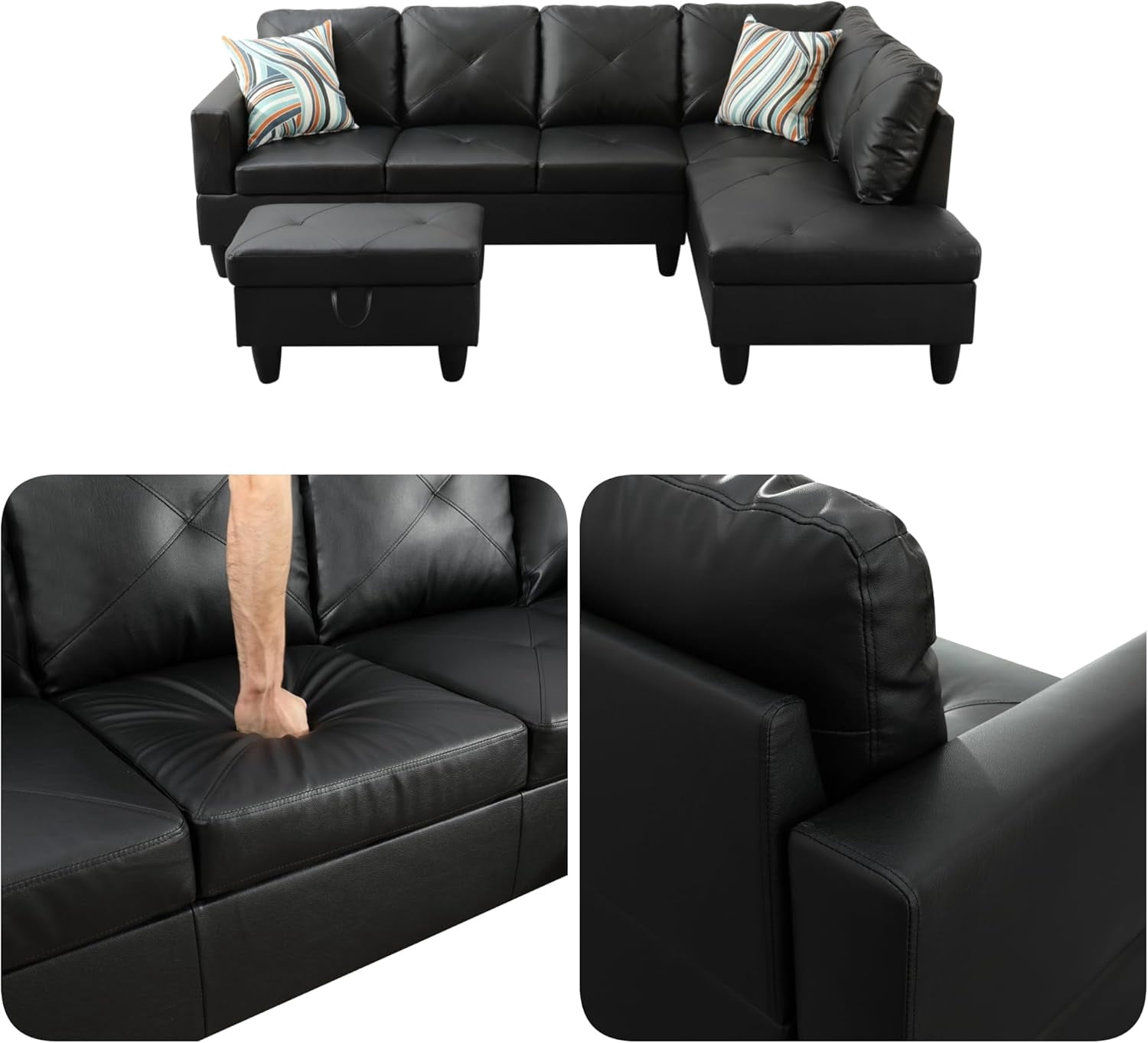 3-Piece L-Shaped Sectional Sofa with Movable Chaise & Storage Ottoman, Faux Leather Living Room Modular Convertible Couches Set for Home Apartment Office, Black