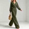 thumbnail image 4 of LEKWK 2 Piece Sets for Women Elegant V Neck Long Sleeve Wrap Top and Wide Leg Pants Casual Matching Sets Vacation Casual Loungewear, 4 of 5