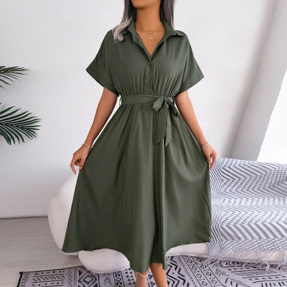 Mefallenssiah Women'S Casual V-Neck Solid Color Loose Tie Up Shirt Dress