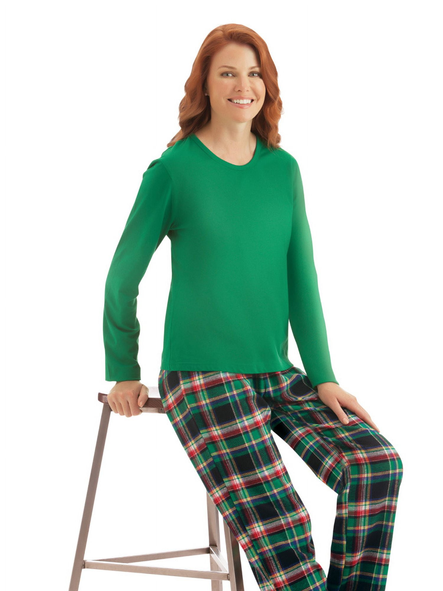 Women's Flannel Plaid Pajama Set, Green, Large 