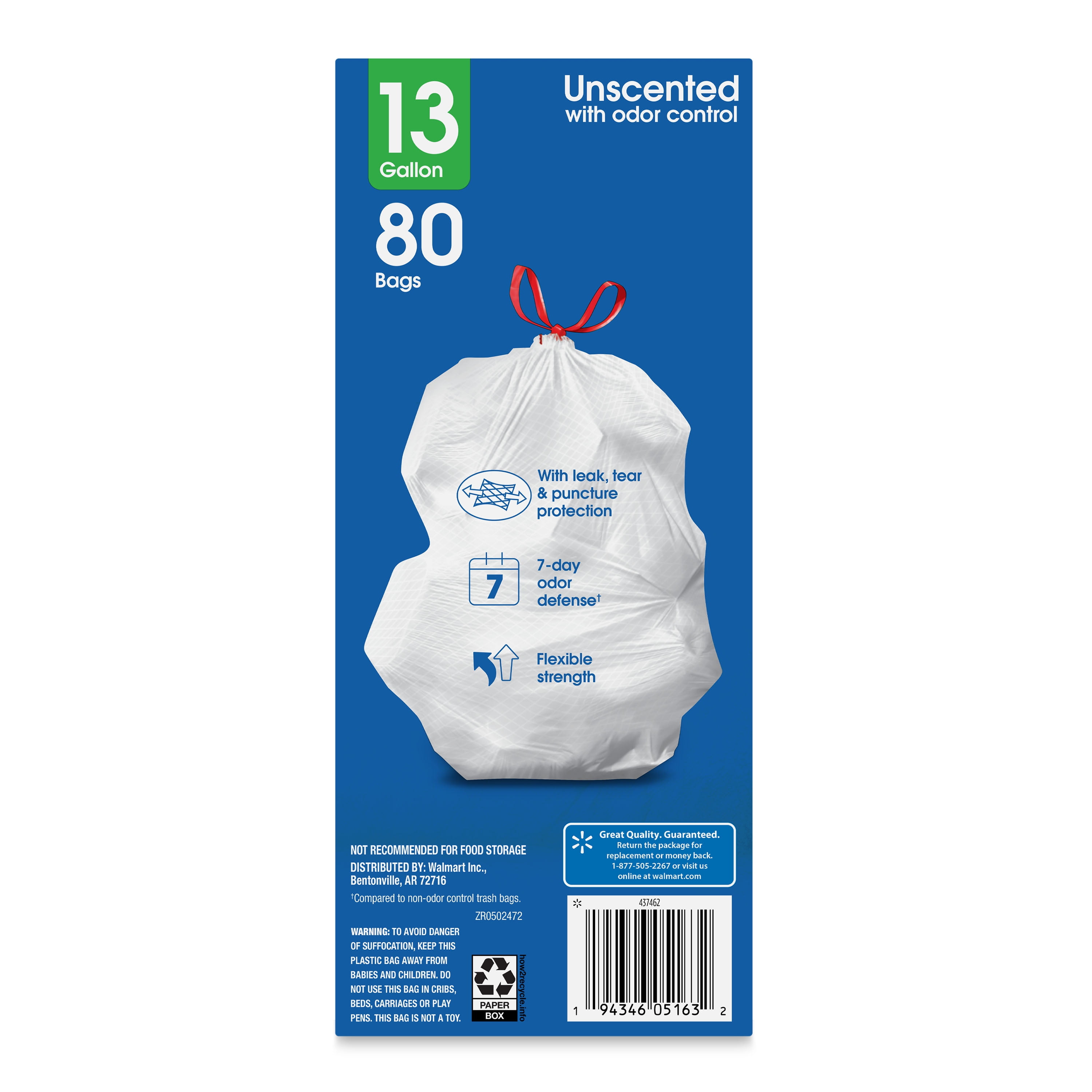 Great Value Strong Flex Tall Kitchen Drawstring Trash Bags, 13 gal, Unscented, 80 Bags