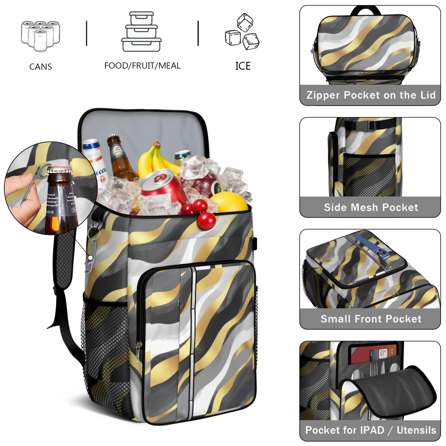 Travel Cooler Bag - Black White and Gold Marble Camping Beer Cooler Backpack with Bottle Opener- Waterproof Insulated Picnic Backpacks - Cooler Bag for Beach