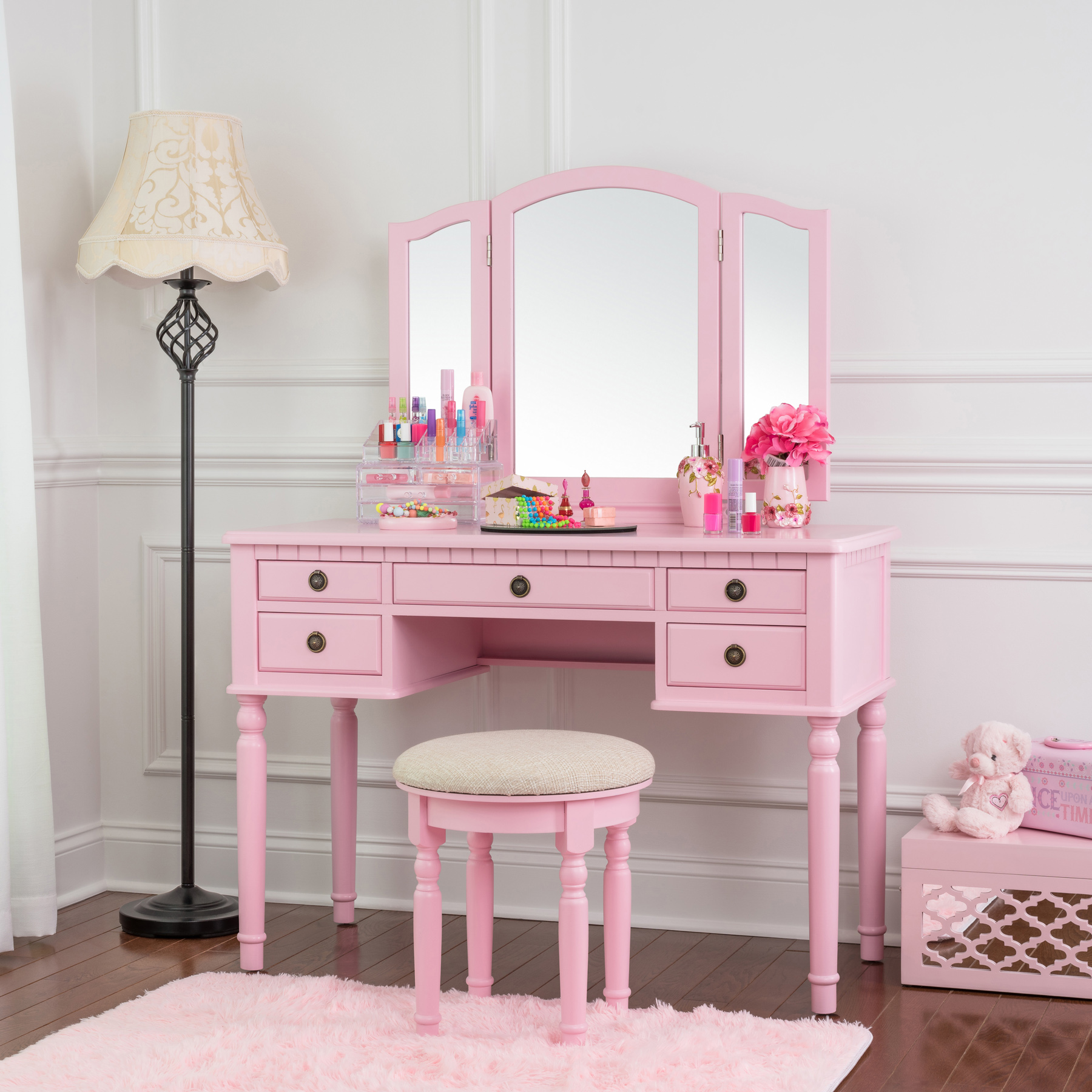 Fineboard Dressing Set with Stool, Beauty Station Makeup Table, Three 