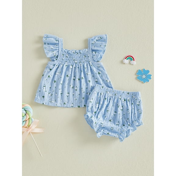 Loicainy Infant Baby Toddler Girls Summer Outfits 3 6 12 18 Months Flying Sleeve Square Neck Floral Print Vest Tops and Elastic Waist Bloomer Shorts