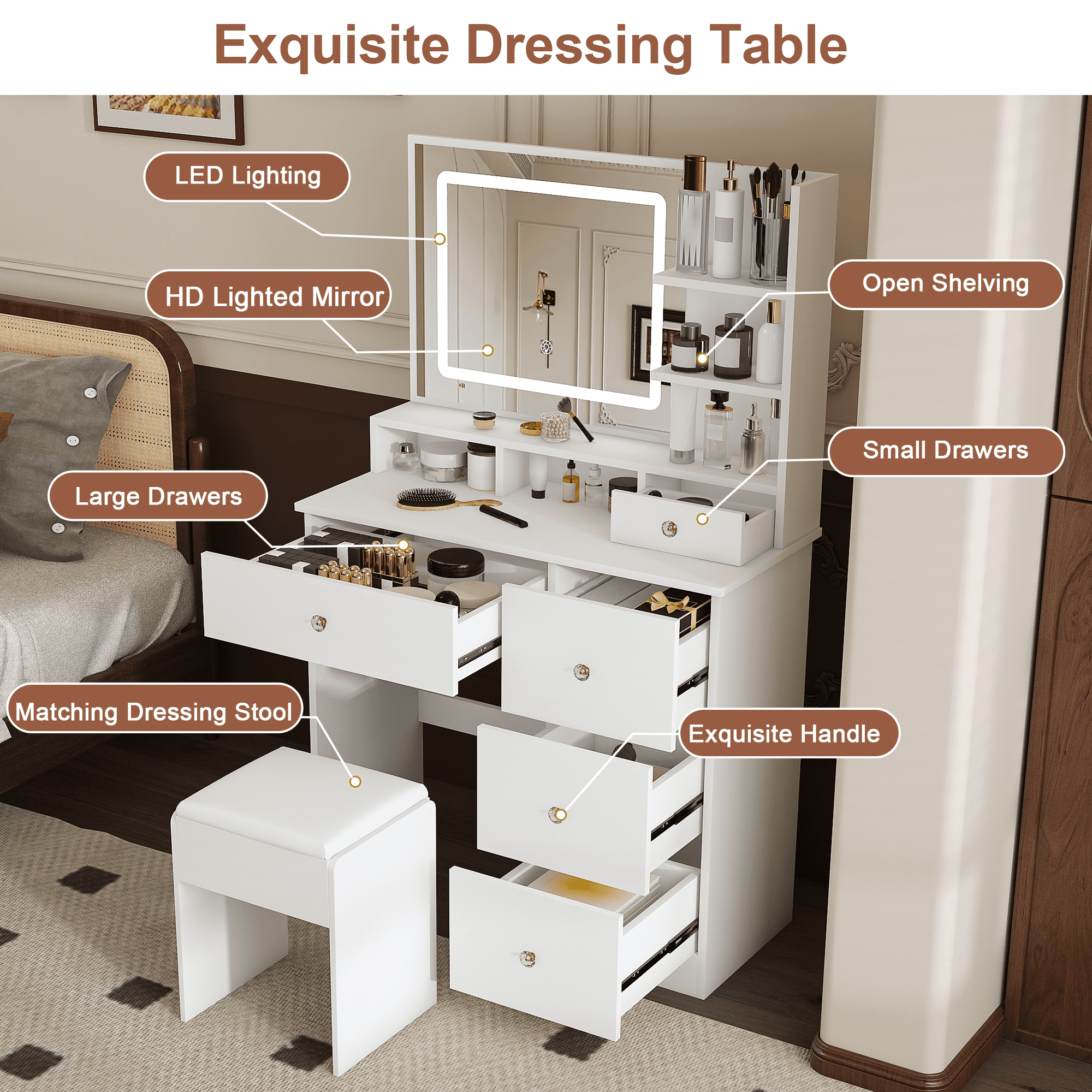 Mintazer Dressing Table with LED Lighted Mirror & 5 Drawers, Makeup Vanity Desk with Open Storage Shelf & Cushioned Stool for Bedroom Apartments, White