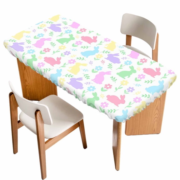 Happy Easter Table Cloths for 6 Foot Rectangle Tables, Spring Colorful Bunny Floral Watercolor Patio Waterproof Elastic Fitted Tablecloths, Washable Rectangular Table Cover for Camping