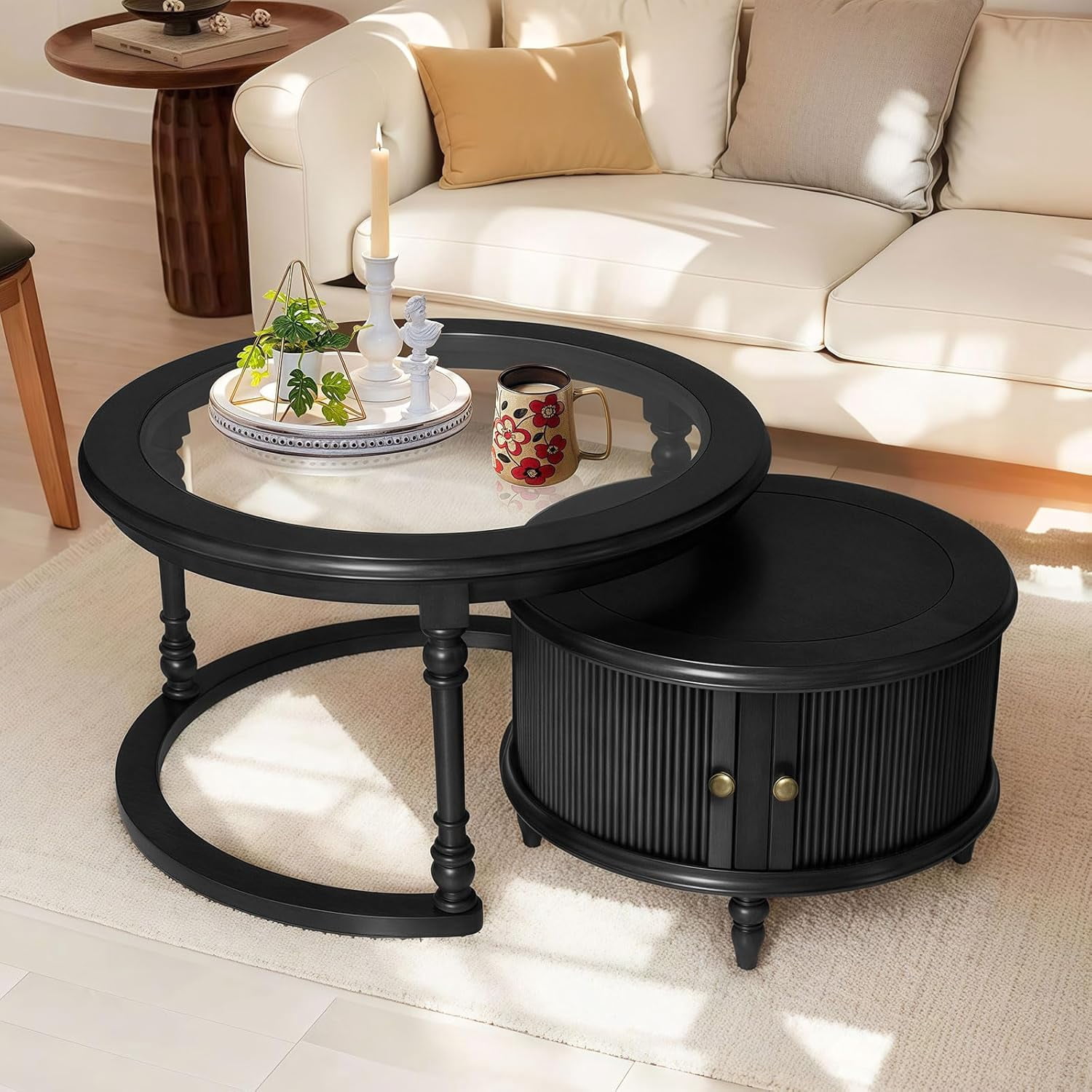 LKTART Nesting Coffee Table for Living Room,Round Tempered Glass Solid Wood Nest Coffee Tables with Storage,Retro Small Accent Center Table