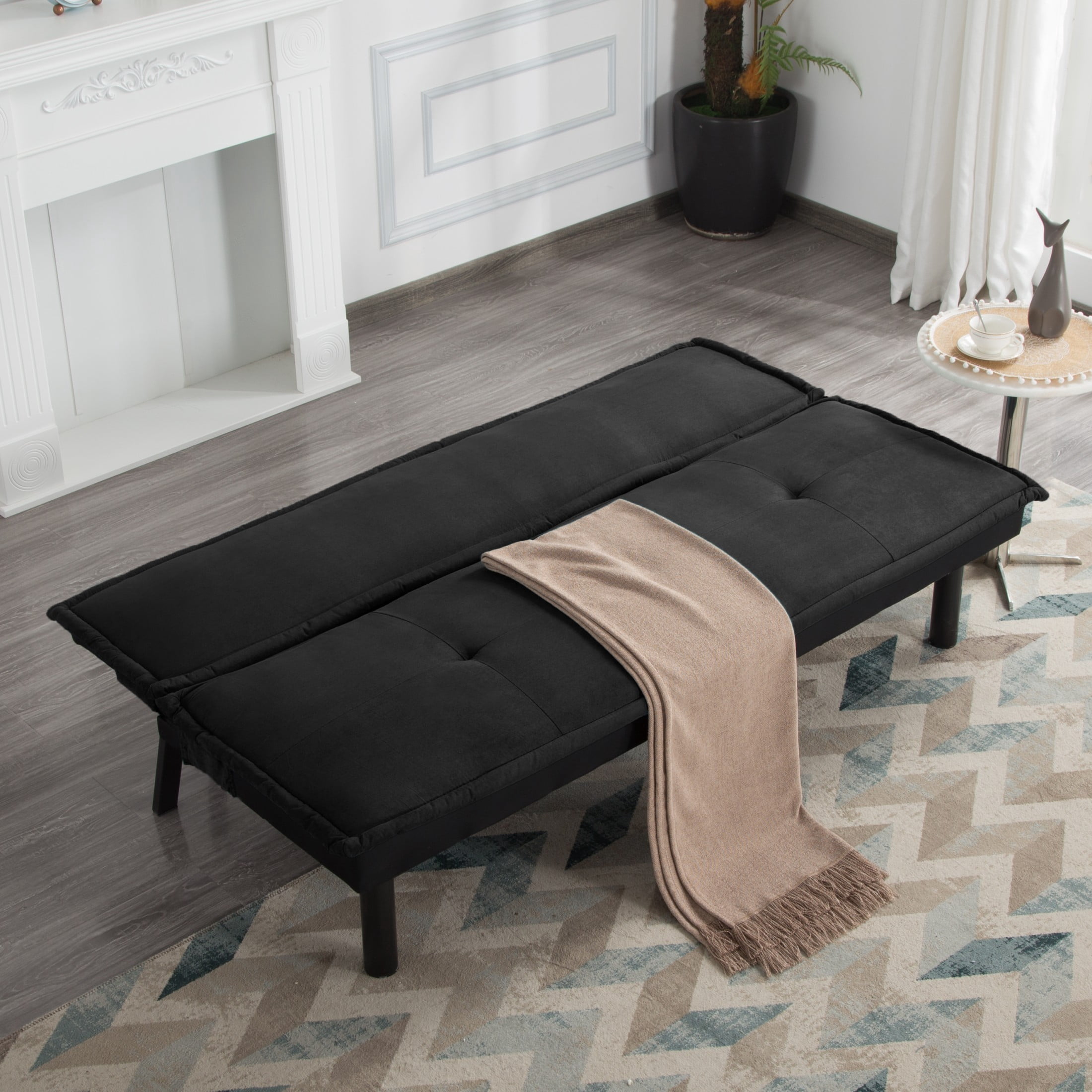 Gewnee 64.6" Convertible Sleeper Sofa Bed, Velvet Futon Couch with Push-Back Mechanism, Modern Sofa Bed for Living Room, Guest Room, Small Space(Black)