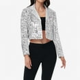 thumbnail image 2 of Women's Sequin Cropped Blazer Long Sleeve Sparkly Open Front Jacket - Large, Silver, 2 of 7