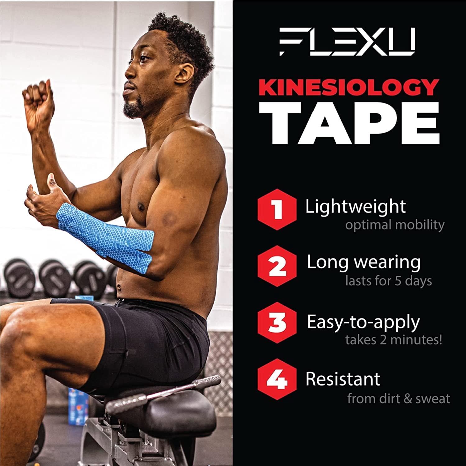 FlexU Kinesiology Tape 140 Pre-Cut Strips or Continuous Roll; Ultra-Thin Hypoallergenic Latex-Free; Designed as Sports Therapy Support for Muscles & Joints; Knee Shoulder & Back Support; Long Lasting