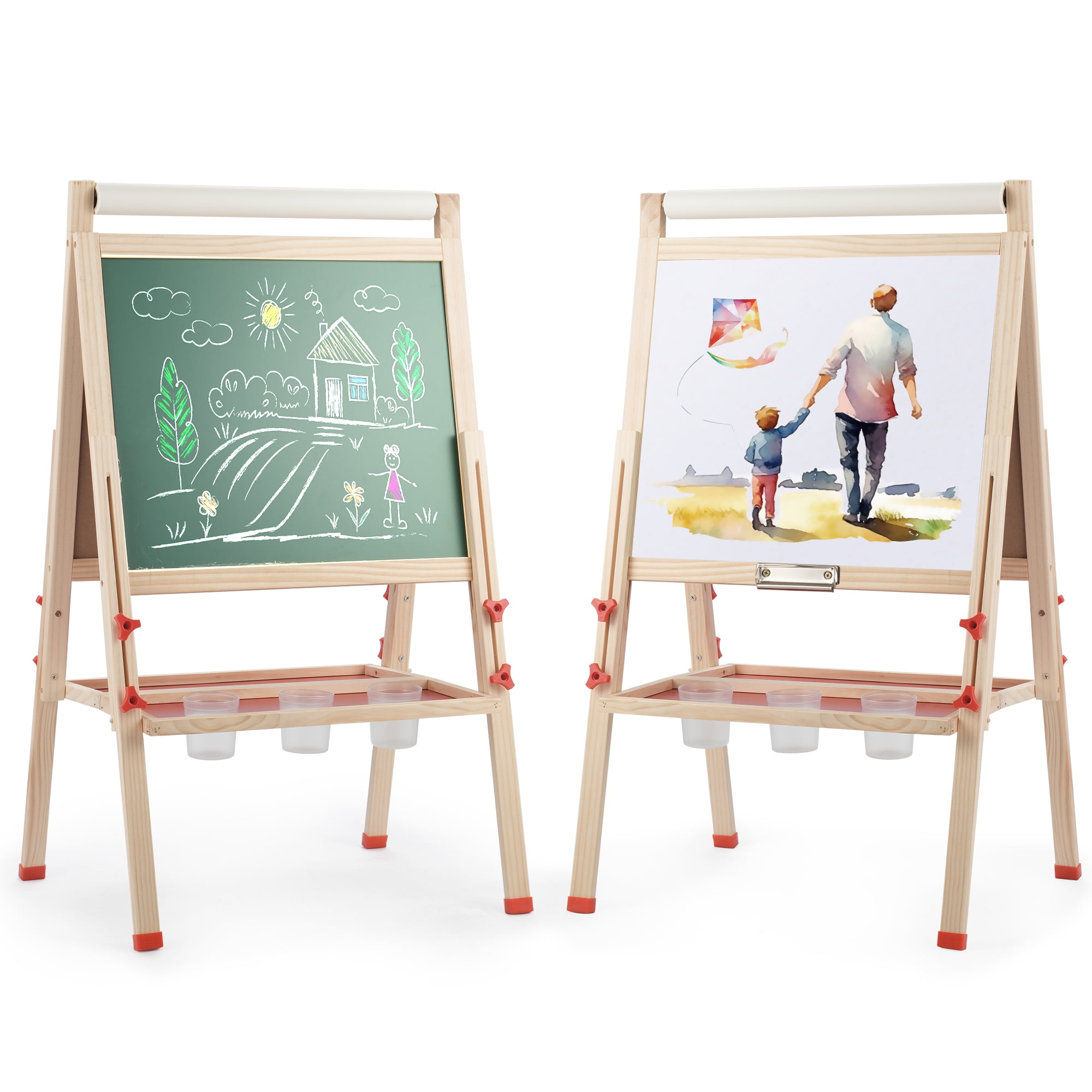 Art Easel for Kids with Paper Roll, Adjustable Double Side Art Drawing Standing Chalkboard for Toddlers 3-12, Boy & Girls Wooden Gift & Art Supplies for Toddler