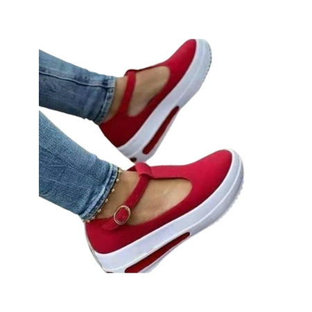 

Frontwalk Womens Loafer T-strap Wedge Loafers Retro Platform Shoe Office Faux Suede Casual Shoes Women Closed Round Toe Red 7