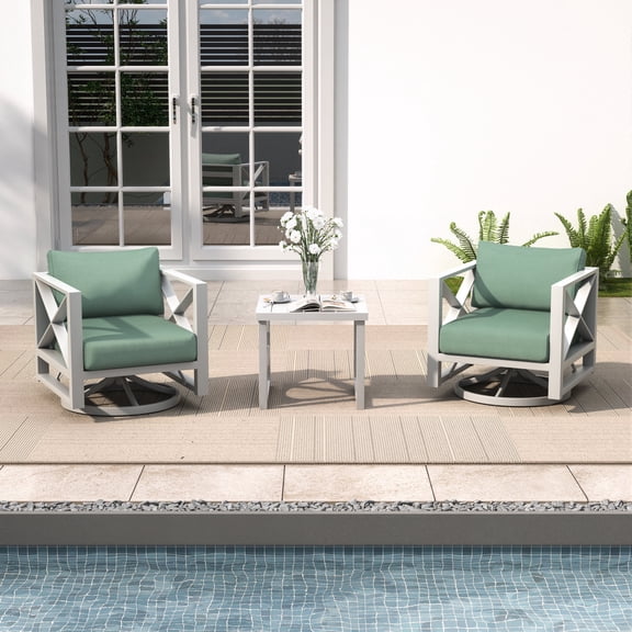 3 Piece Aluminum Patio Swivel Rocking Chair Set with Coffee Table, 6" Cushions, All-Weather Outdoor Furniture for Porch, Garden, Poolside, White