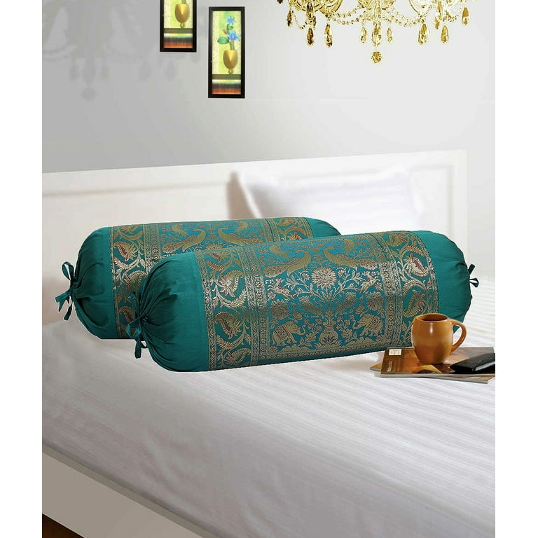 Stylo Culture Traditional Polydupion Cylindrical Tube Pillow Bolster Pillow Covers Dark Green Elephant Jacquard Brocade Border Large Couch Cylinder
