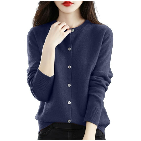 ZACPNCV Women's Winter Casual Jackets Long Sleeve Solid Color Round Neck Knitted Sweater Thin Cardigan Sweater Top Dark Blue