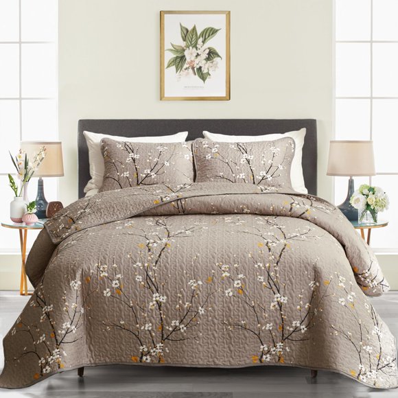 Juego de edredón UOZZI BEDDING reversible con rama gris tostado, tamaño king