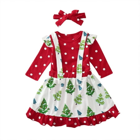 

Rovga Girls Outfit Sets Girls Baby Christmas Dot Romper Xmas Tree Suspender Skirt Headband Outfits Set Baby Chothing Suit