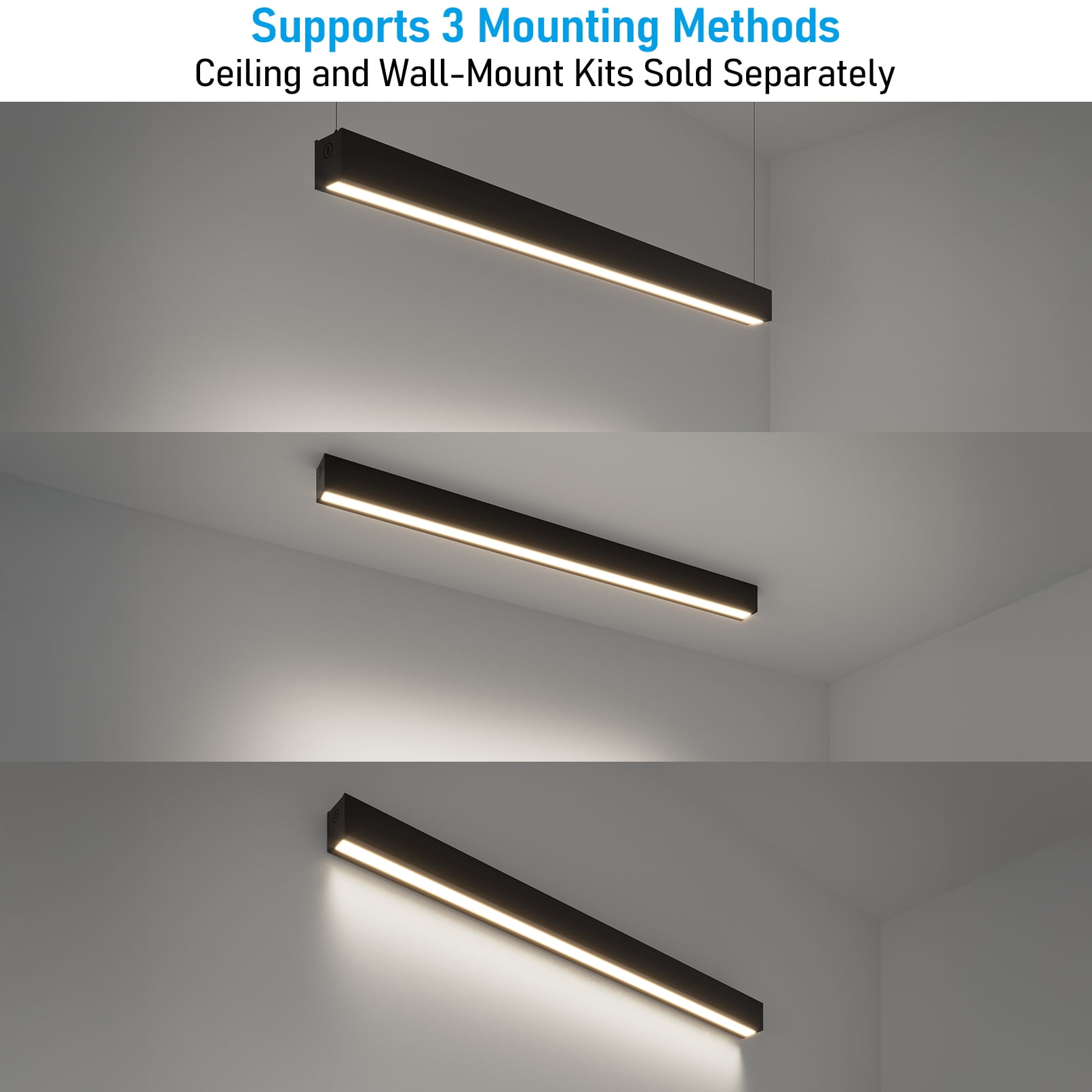 2 Pack 4FT 40W 3CCT Dimmable Wall Washing Asymmetric Linear Light, 3000K/4000K/5000K Selectable, Suspended Strip Light, Black