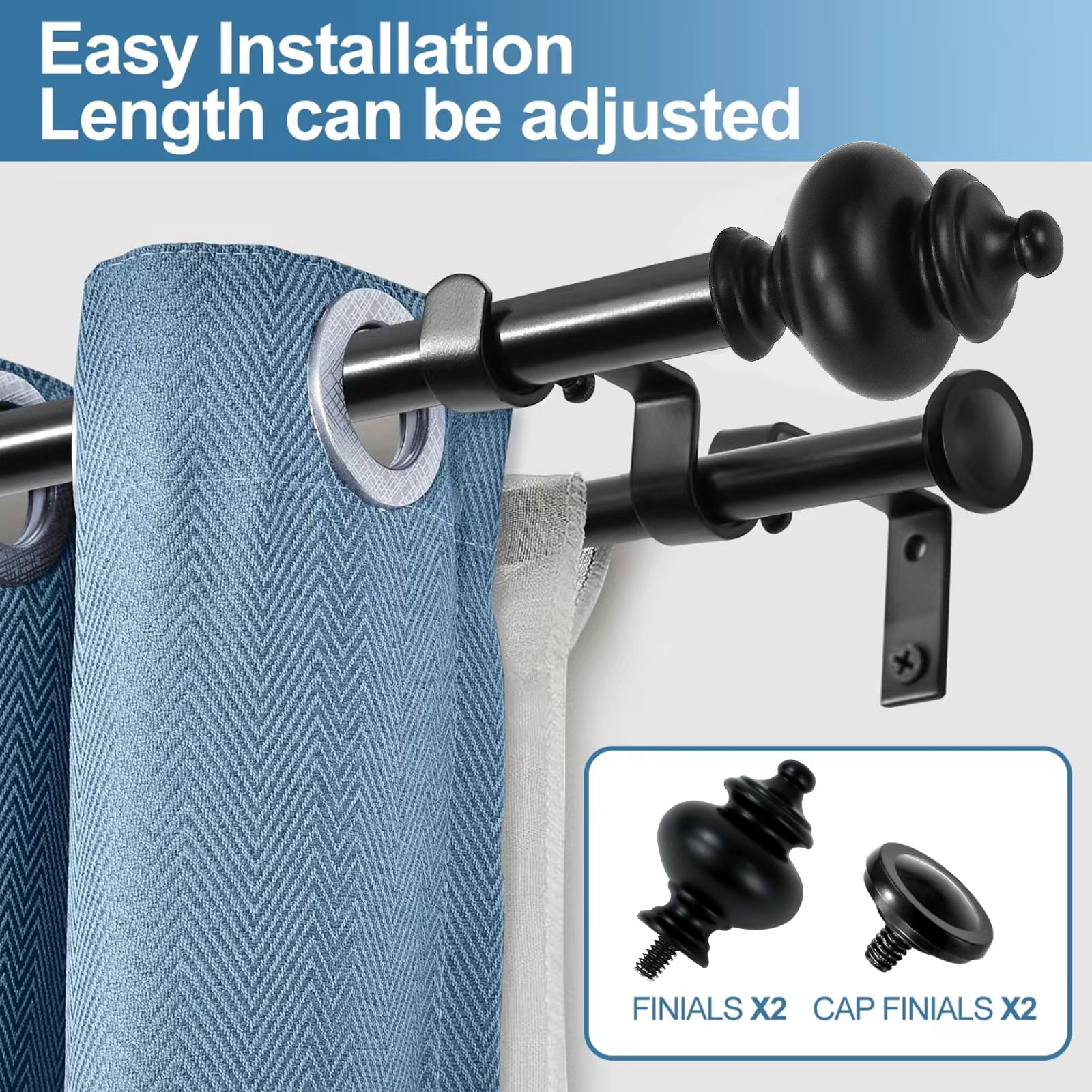 Urbanest Adjustable Double Curtain Rod Set Metal with Decorative Round Urn Finials, Heavy-Duty, 28"-48", Black