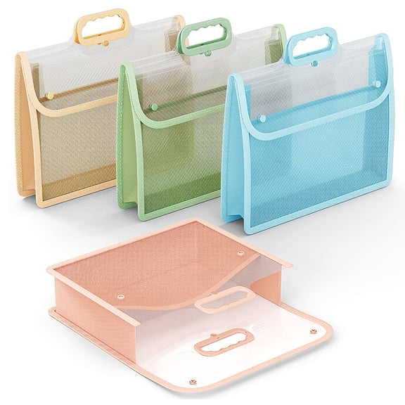 Amaopus 4 Pack Plastic Expanding File Folder with Handle, Portable Transparent Document Organizer for Letter/A4, Briefcase-Style Accordion Case, Mesh Pocket, Heavy Duty for Home, Office, School