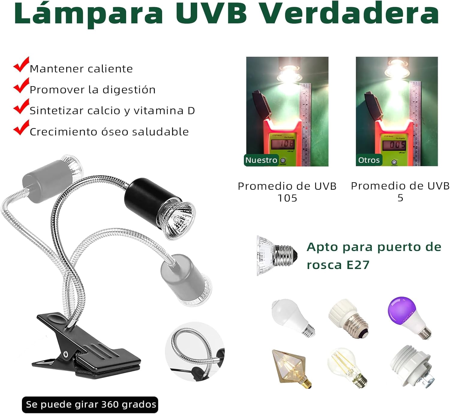 Turtle lamp, UVB/UVA lamp for turtles, with adjustable light switches and timer, can be rotated 360 degrees, with clip accessories, suitable for turtles and reptiles