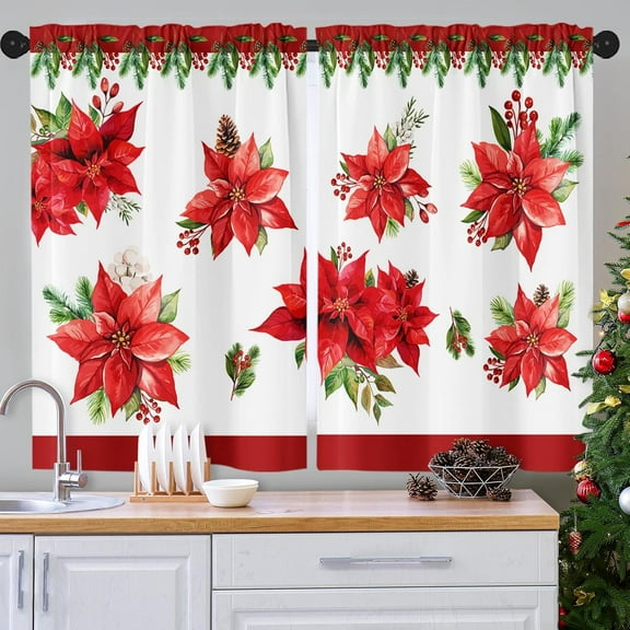 Christmas Floral Botanical Kitchen Curtains Set of 2, Tree Flower Short Window Curtains, Window Treatment Tier Curtains for Kitchen Over Sink Dining Room Decor (26x36 Inch)