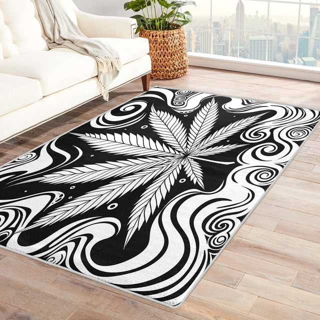 Weed Rugs for Living Room Bedroom - Trippy Rug 4x6 - Black and White Carpet for Home Decor - Washable Non Slip Patterned Indoor Large Area Rug - Soft & Low Pile (ZN&670)