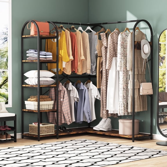 Finmind L-Shaped Corner Clothes Rack, 70.9" Tall Freestanding Garment Rack with Opening Storage Shelves and Hanging Rods, Rustic Brown