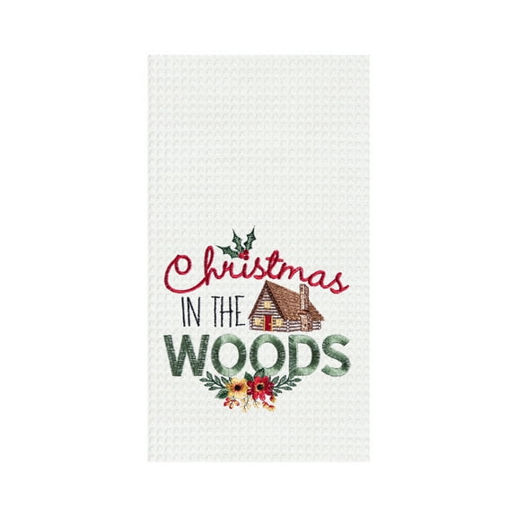 27" x 18" "Christmas In The Woods" Sentiment with Log Cabin Embroidered Cotton Waffle Weave Kitchen Dish Towel