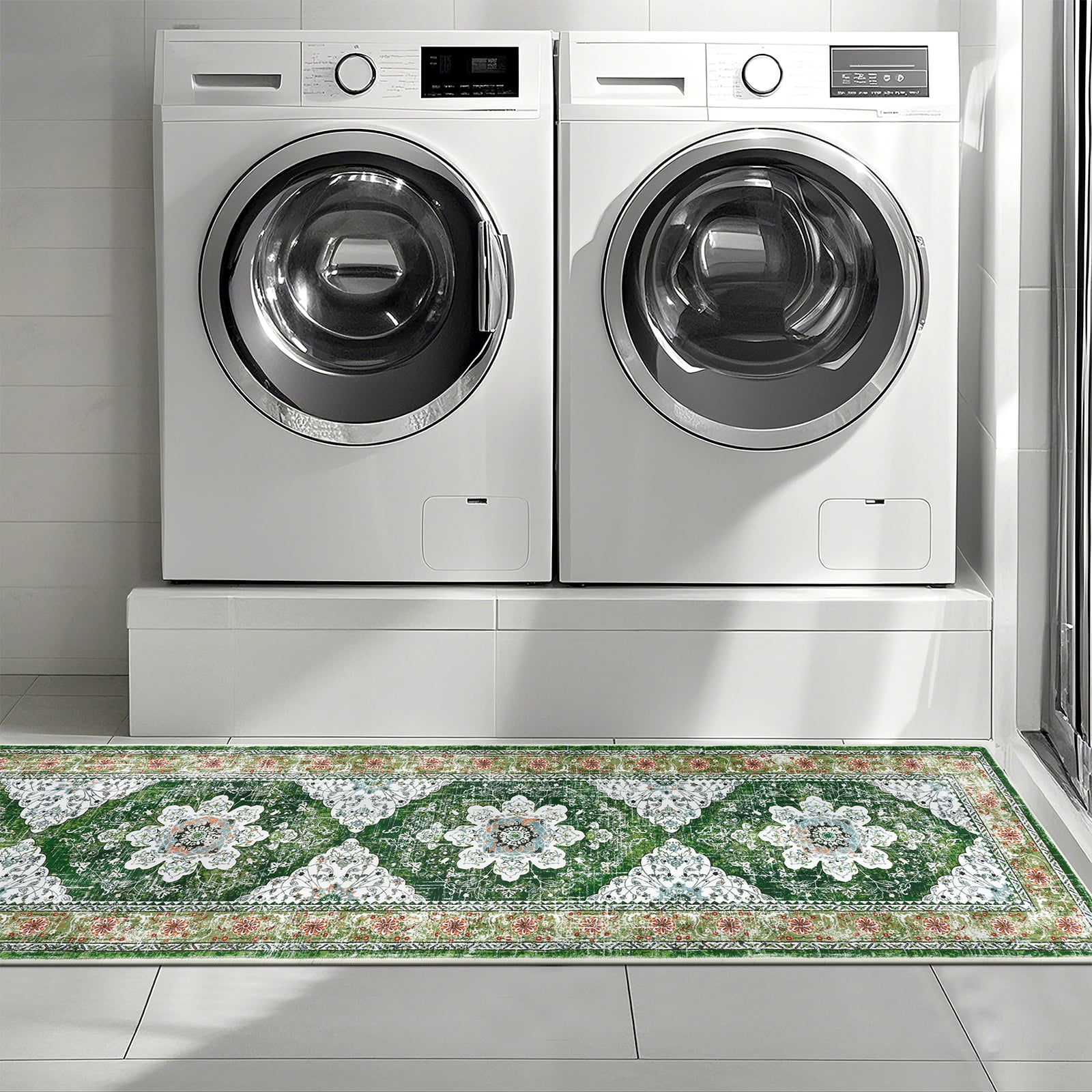 MeyJey Oriental Indoor Runner Rug for Hallway 2'x8', Non-Slip Machine Washable Vintage Area Rug Floor Carpet for Bedroom Kitchen Dinning/Living/Laundry Room, Green