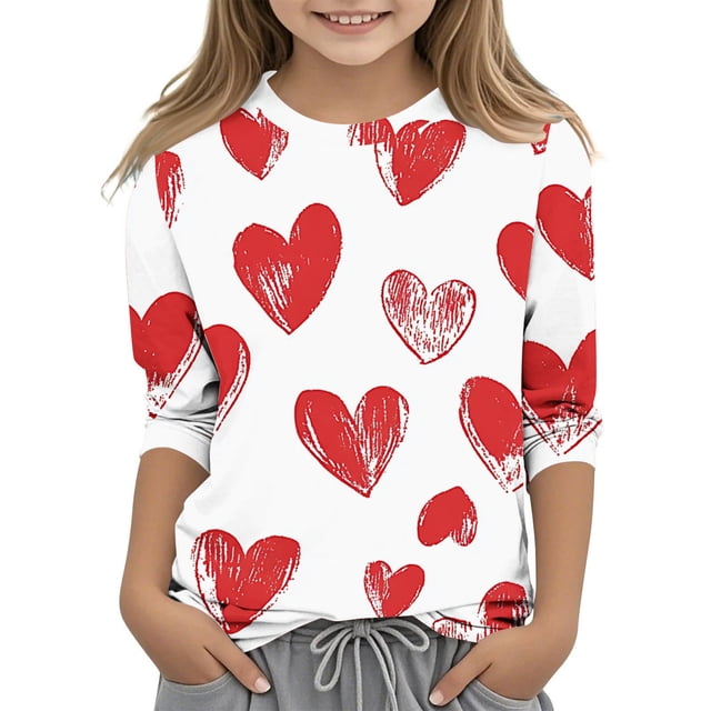 COM1950s Chemise de la Saint-Valentin pour Garçons, Chemise de la Saint-Valentin pour Garçons et Filles, Imprimé Saint-Valentin pour Garçons et Adultes, Manches Trois-Quarts, Col Rond, Chandail de Base, Chemise de la Saint-Valentin