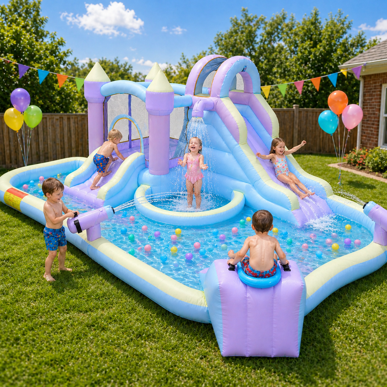 Ktaxon 7-in-1 Inflatable Water Slide Bounce House with Blower, 217" x 138" x 83", Mini Surf Zone Water Park w/ Bounce Area & Shower Spray Cooling Area, Kids Backyard