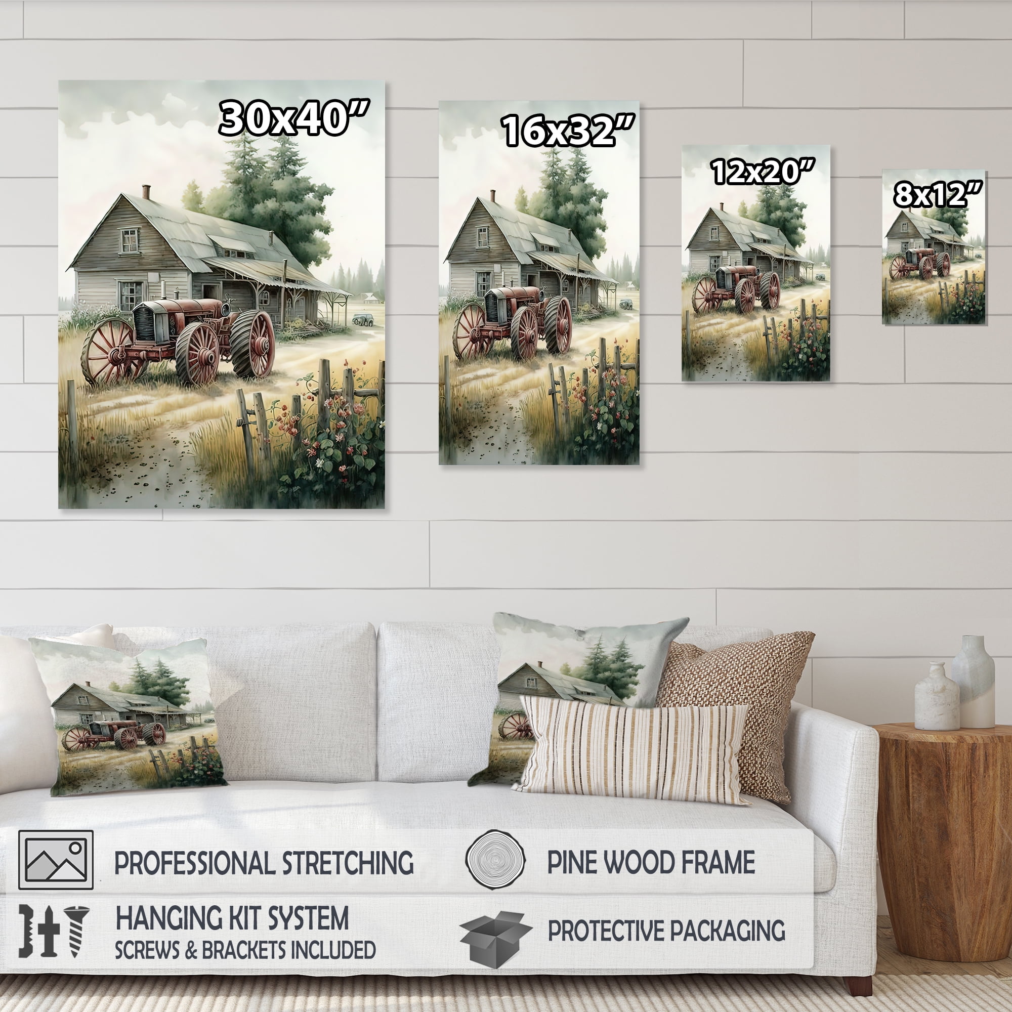 Designart Tractor At The Barn In Summer II Canvas Wall Art