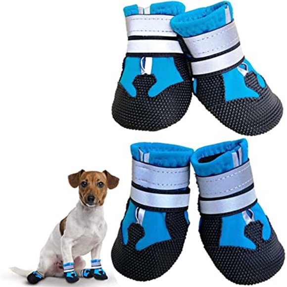 Botas para perros, 4 pares de zapatos impermeables para perros con correas reflectantes antideslizantes, botas protectoras para cachorros, perros pequeños y medianos (S, azul)