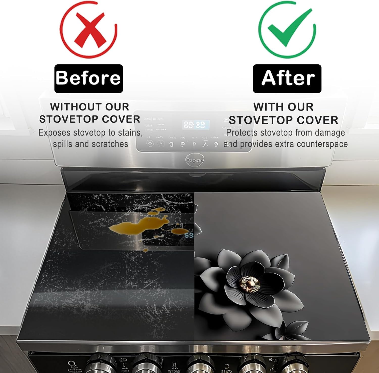 Stove Top Cover Polyester & Diatom Mud Blend 28.35×20.47inches (Black Gray Floral 3D-Look Design) Stove Top Cover for Kitchen, Ideal for Minimalist Decor, Cooking Areas, Home Styling