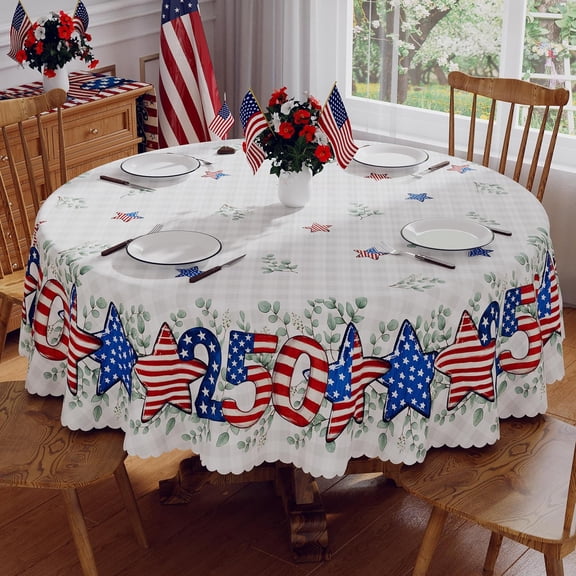 4th of July Tablecloth Round 70 Inch, 250 Anniversary USA Merchandise Patriotic Decorations Washable America Memorial Day Blue Red Stars Table Cloth Waterproof Edge Table Cover