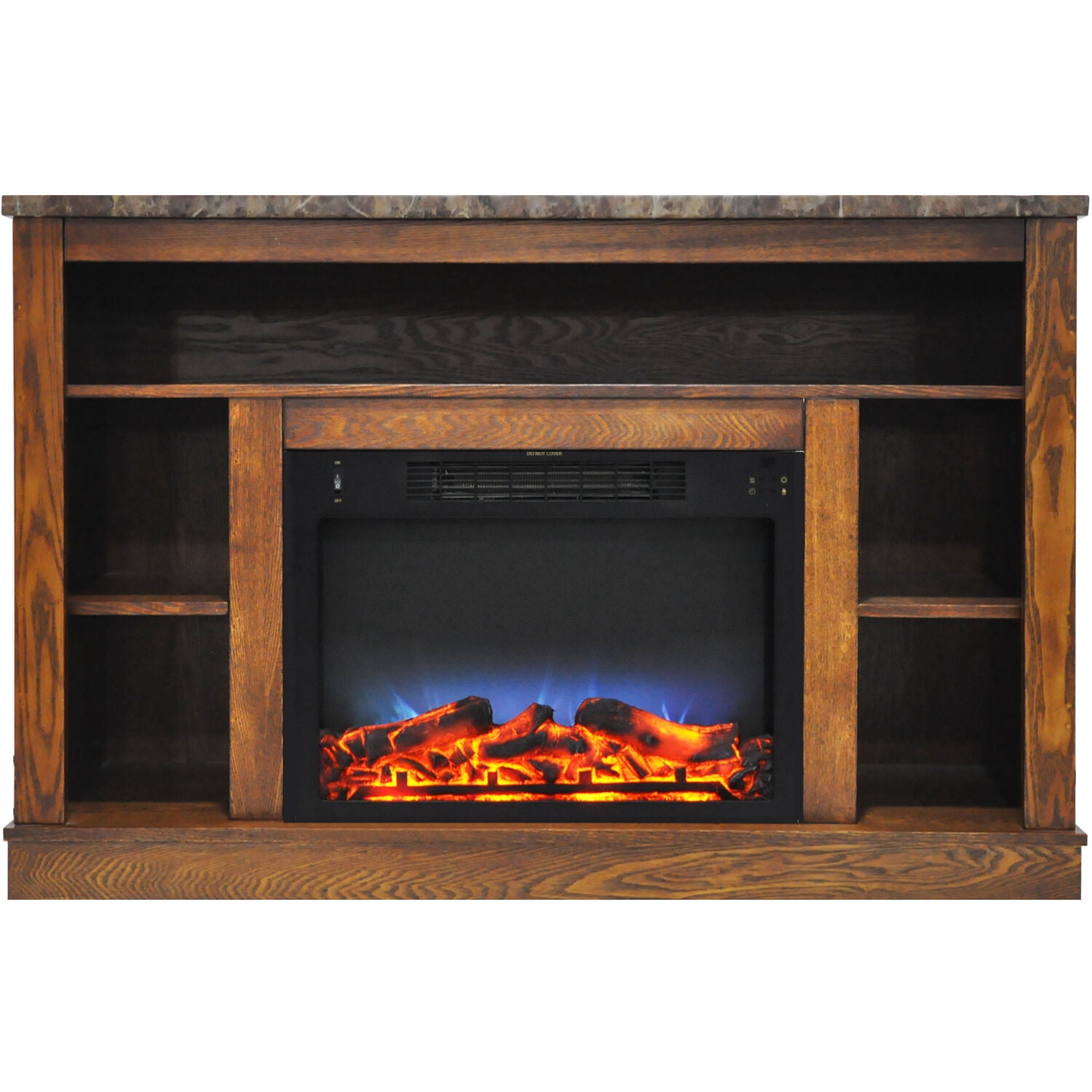Hanover Oxford 47 In. Electric Fireplace Heater with 1500W Deep Log Insert, Multi-color Flames, and A/V Storage Mantel in Walnut