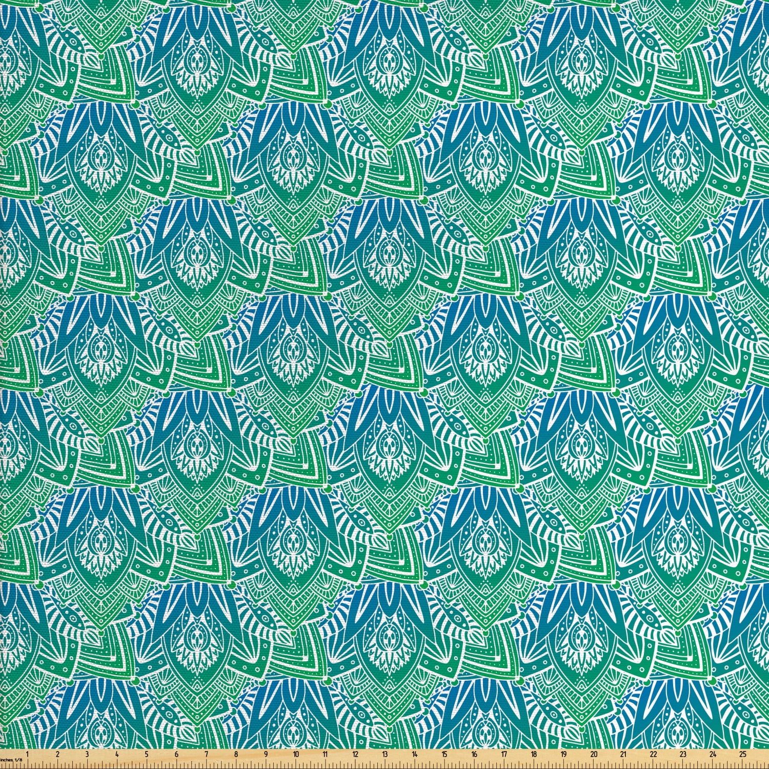 Abstract Sofa Upholstery Fabric by the Yard, Ornamental Flourishing Motifs in Cool Color