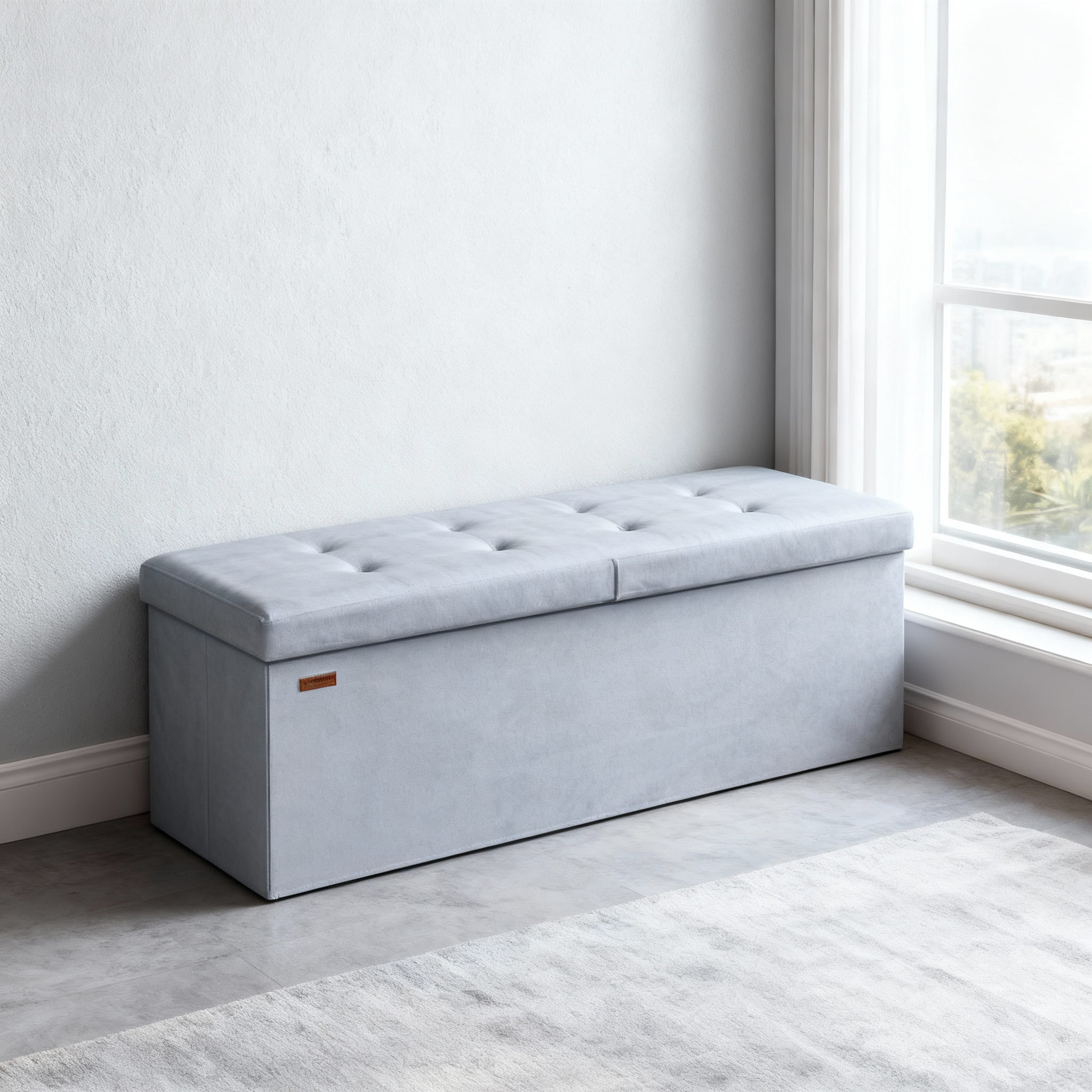 LEDREM 43" Storage Ottoman Bench with Flipping Lid, Foldable MDF Seat with Divider, 660 lb Capacity for Entryway, Living Room, Bedroom, Velvet Footstool, Pale Blue