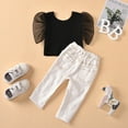 thumbnail image 5 of WOLLED 2PCS Toddler Baby Girls Denim Outfits Infant Solid Mesh Crop Lace Puff Sleeve Top+ripped Jeans Hem Denim Long Pants 6M-5Y, 5 of 11