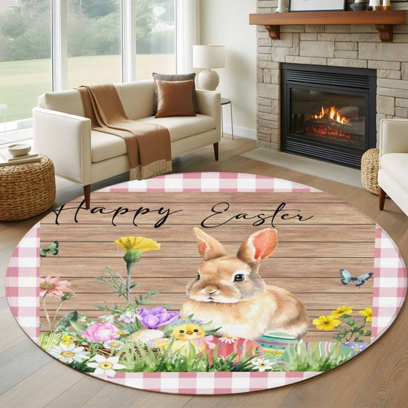 Large Round Rug 8Ft Washable Non-Slip, Happy Easter Bunny Circle Area Rugs for Living Room Bedroom, Spring Floral Wooden Pink Plaid Indoor Floor Mats Carpet Runner for Home Decor