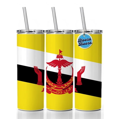 Brunei Darussalam Country Flag 20oz Insulated Water Bottle Skinny Tumbler Includes Straw