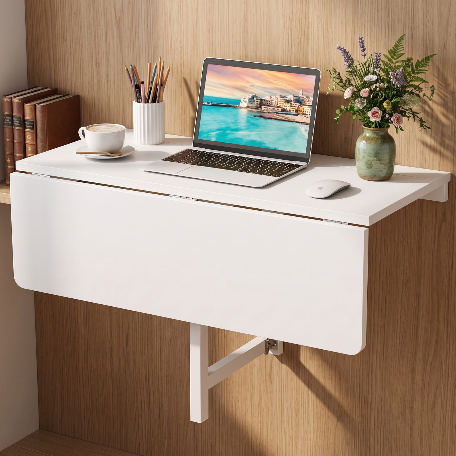 Furnibear Wall Mounted Drop-Leaf Folding Table, 31.5 x 23.5 Inch Space Saving Fold Down Wall Table for Small Spaces, Kitchen, Dining, Home Office, Balcony, White